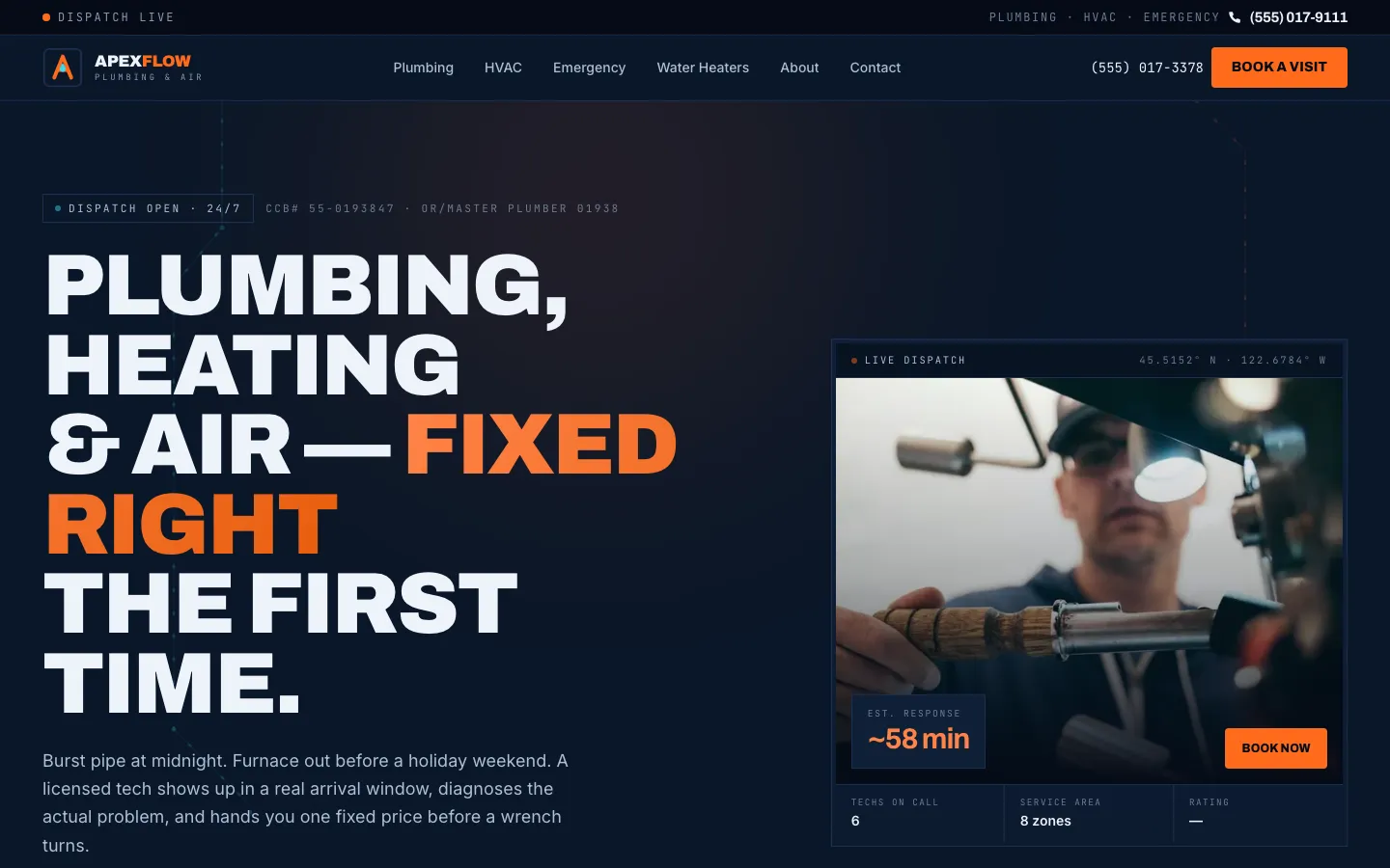 Full-page preview of the Apex Flow Plumbing & Air concept website