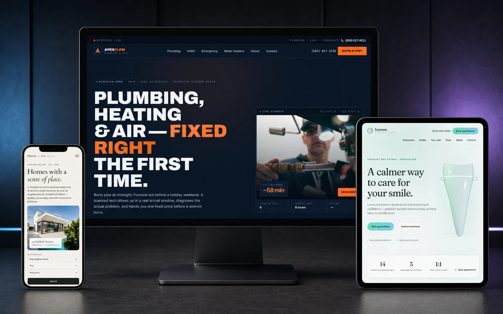 Fictional website design concepts presented across desktop, tablet, and phone.