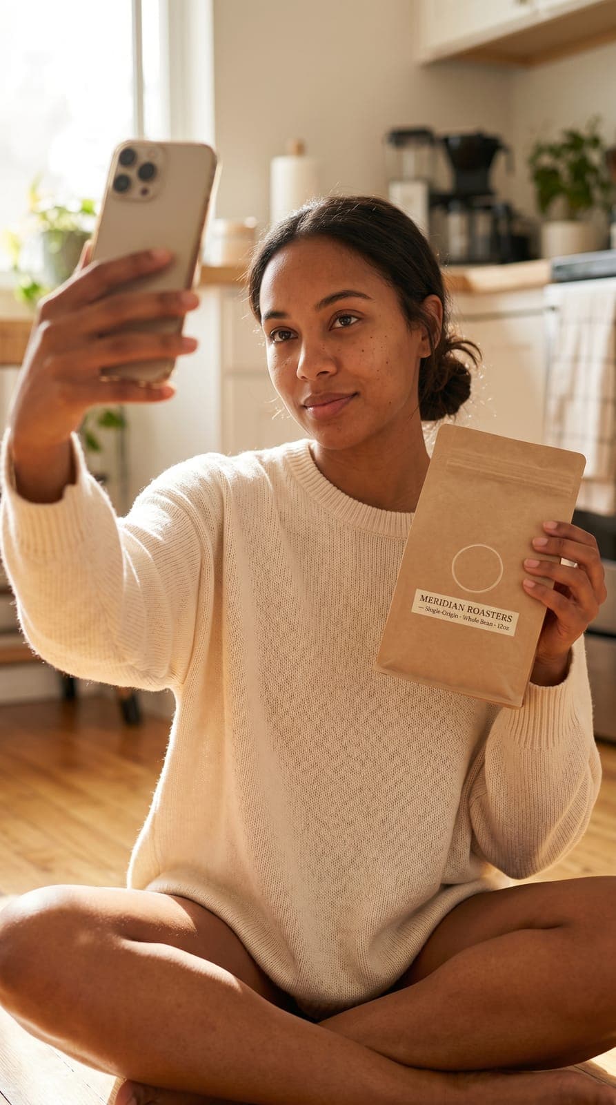 Social-style demo still with a fictional Meridian Roasters coffee bag.