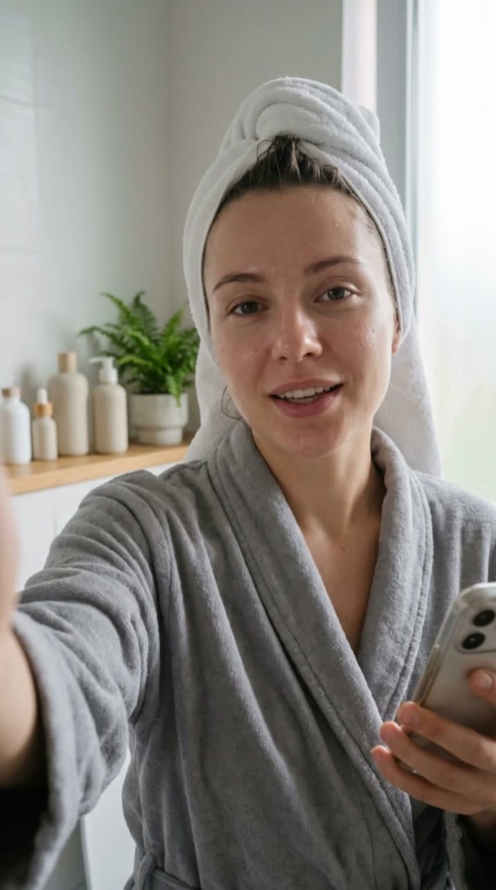 Demo still of a presenter reviewing a fictional skincare serum.