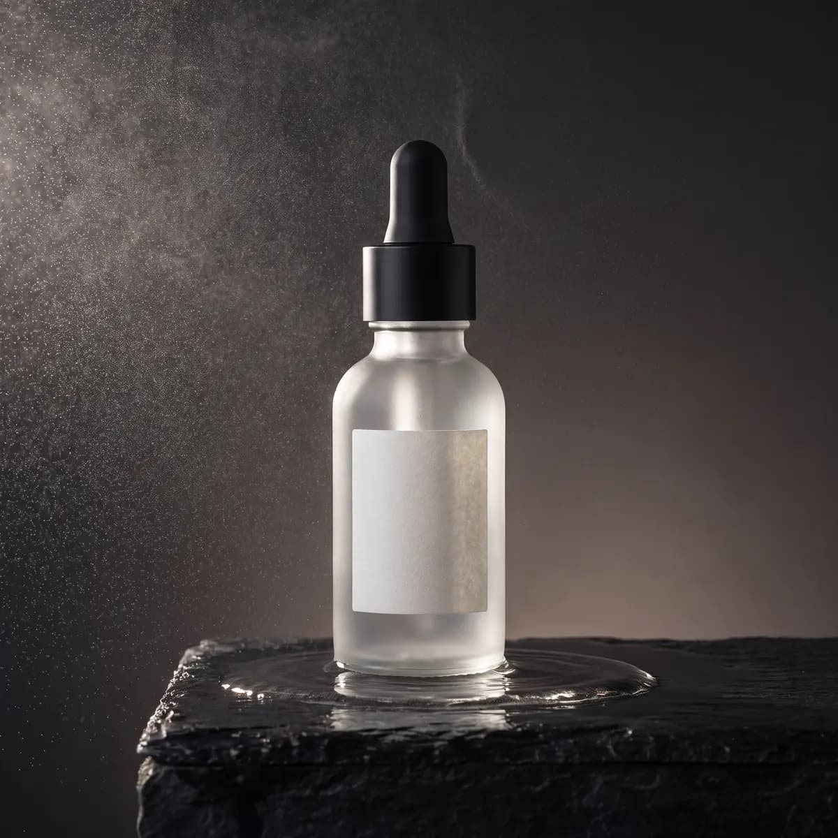Fictional skincare serum photographed on a wet slate surface