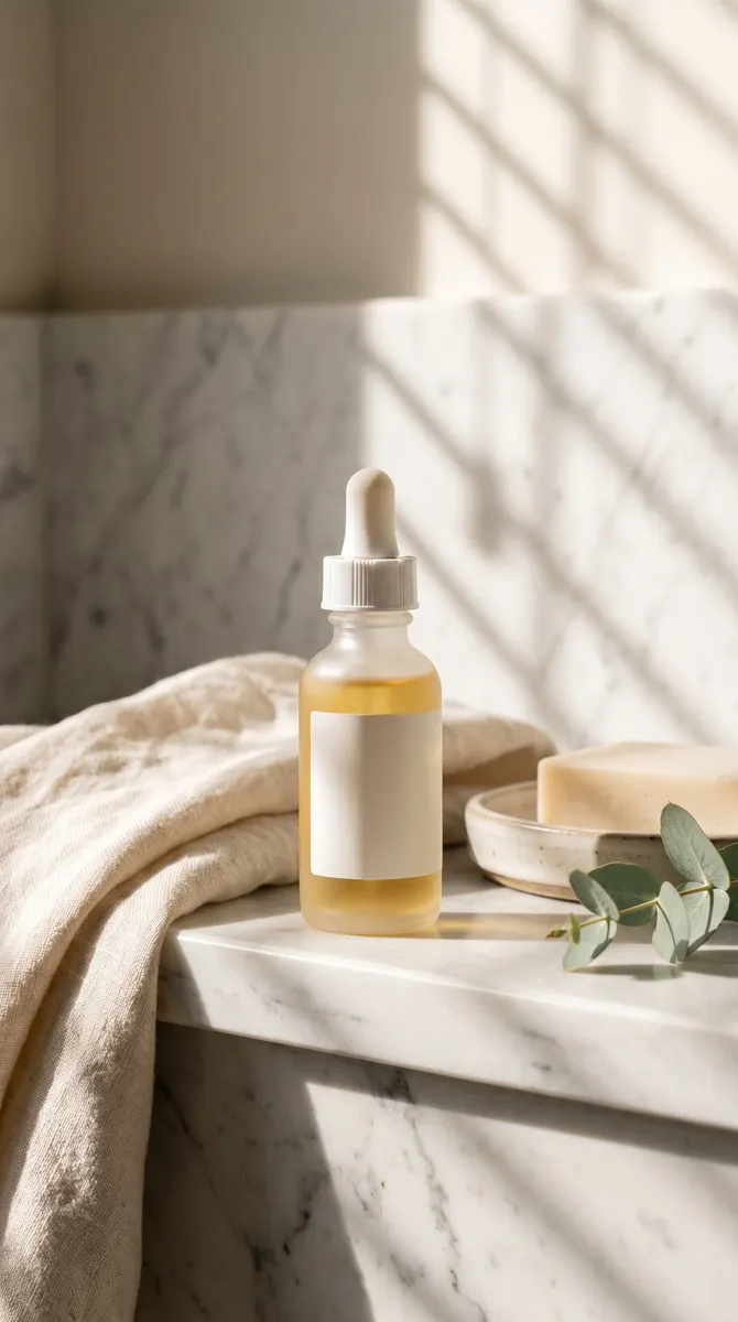 Fictional skincare serum in a bright marble lifestyle composition