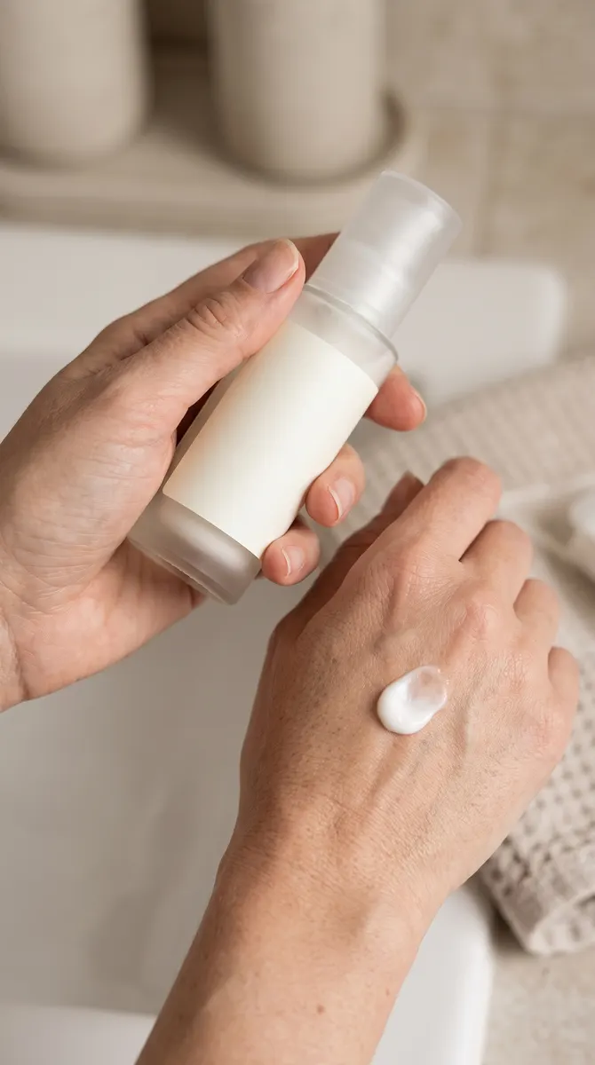 Hands applying a fictional skincare serum in a product demonstration